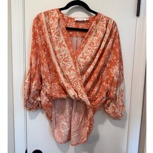 Petal‎ + Pup Womens Orange Floral Surplice Balloon Sleeve Wrap Top Size SM